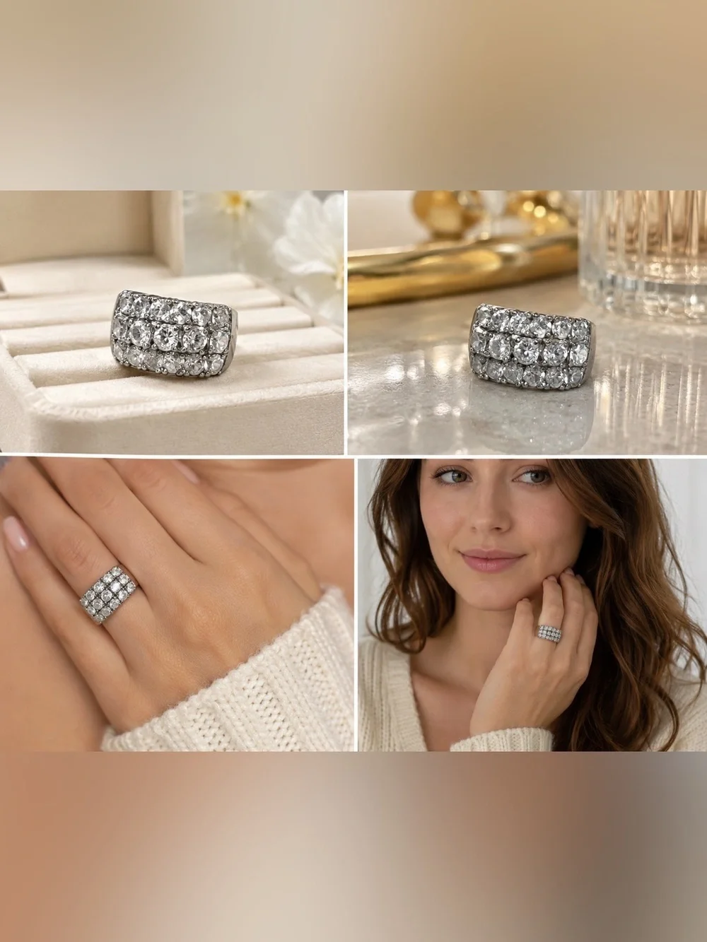 Flashy CZ Bling Statement Ring | Silver Tone | 3-Row Pavé | Size 5.5